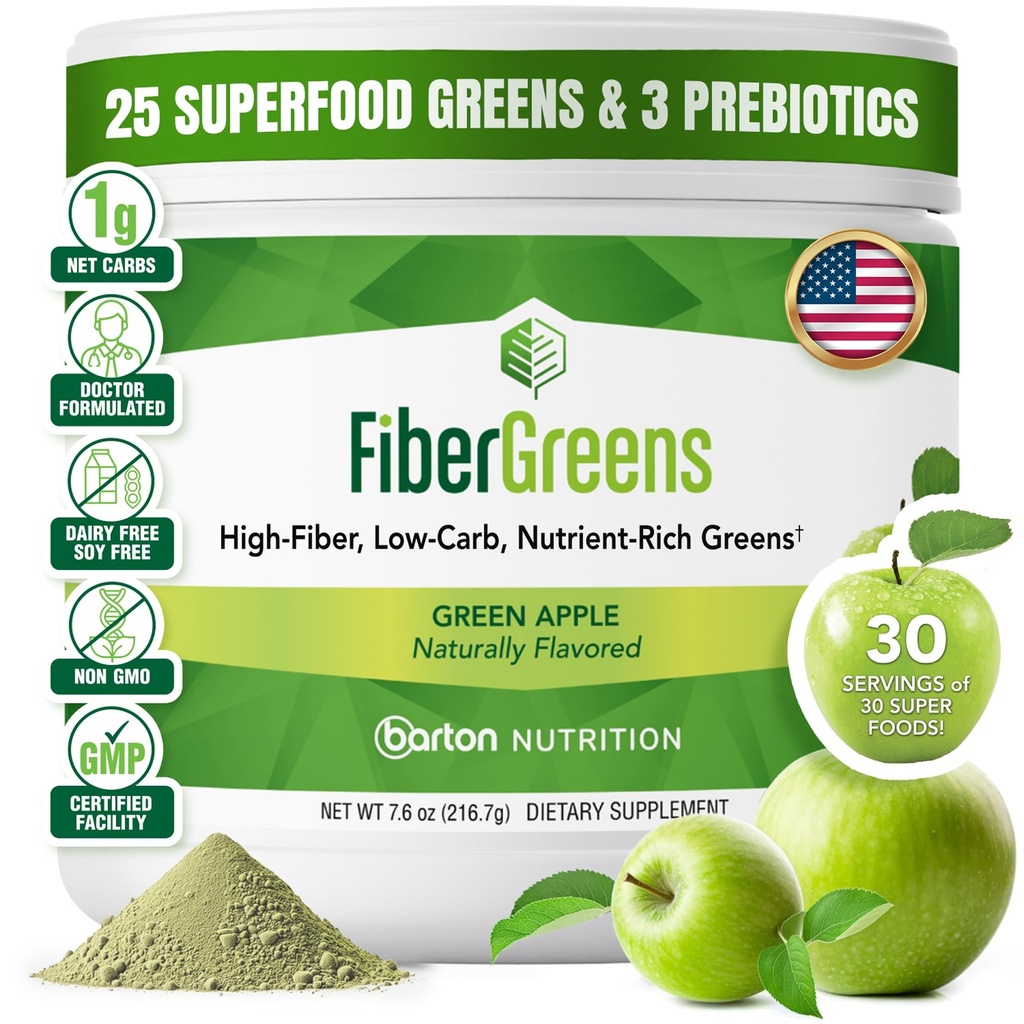 Soluble Fiber Greens Powder with 30 Superfoods, Probiotics & Prebiotic Fiber Supplement for Women & Men - Support Digestion, Regulate Blood Sugar & Promote Daily Energy - Made in USA - 30 Servings