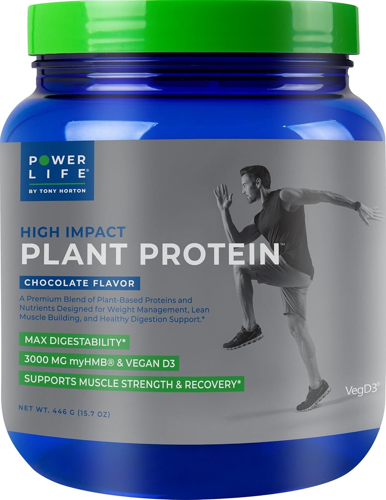 POWERLIFE Tony Horton High Impact Plant Protein Powder med 3000 MG HMB, Plant- baseret, Ingen sukker tilføjet, Vegan, Keto Friendly, Non- GMO (chokolade)