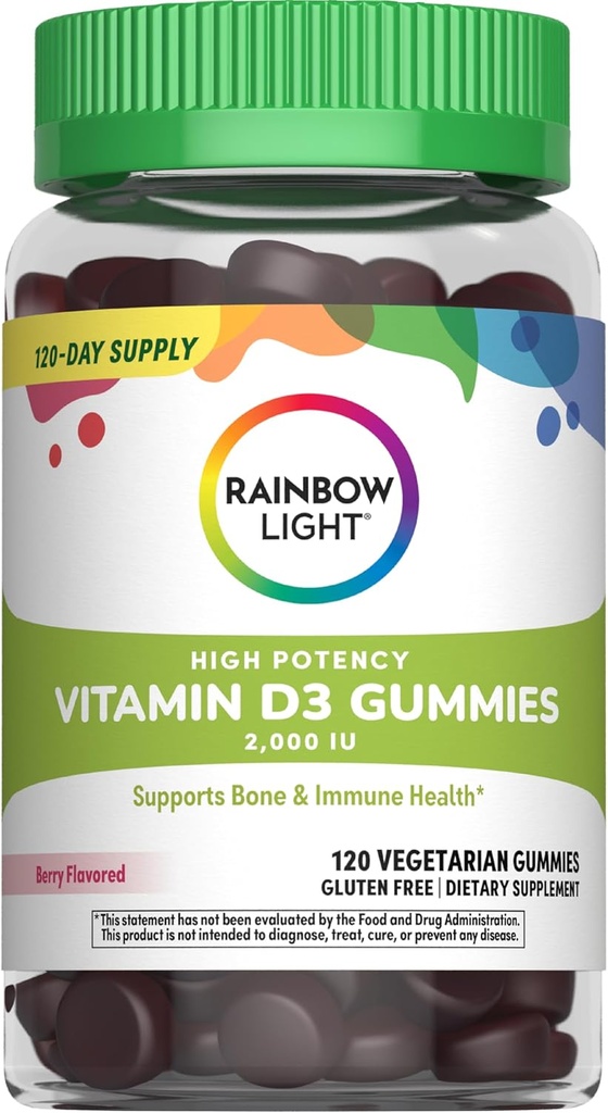 Rainbow Light Vitamin D Gummies, High Potency Vitamin D3 2.000IE immunforsvar, Hjælper støtte stærke knogler & tænder, Gluten Free, Vegan, Berry, 120 Gummies
