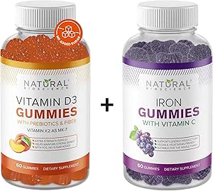 Natural BioScience Sugar Free Vitamin D3 K2 Gummies 5000 IE & Iron Gummies med C-vitamin, ekstra styrke, immunforsvar, ben sundhed, hjerte sundhed, energistøtte, 60 Gummy Vitamin