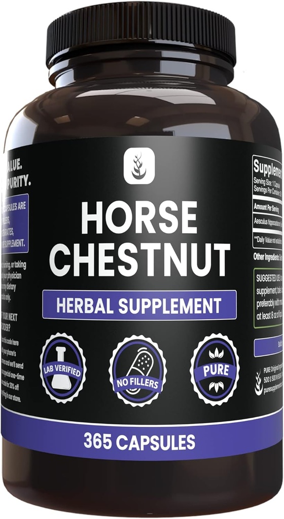 PURE ORIGINALSKE INGREDIENSER Horse Chestnut (365 Capsule), Ingen Magnesium eller Rice Fillers, Altid Pure, Lab Verified
