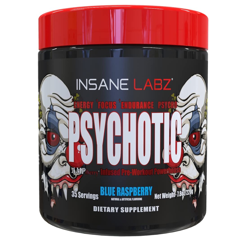 Insane Labz Psychotic, High Stimulant Pre Workout Powder, Extreme Lasting Energy, Focus and Endurance with Beta Alanine, Creatine Monohydrate DMAE, 35 Srvgs (Blue Raspberry)