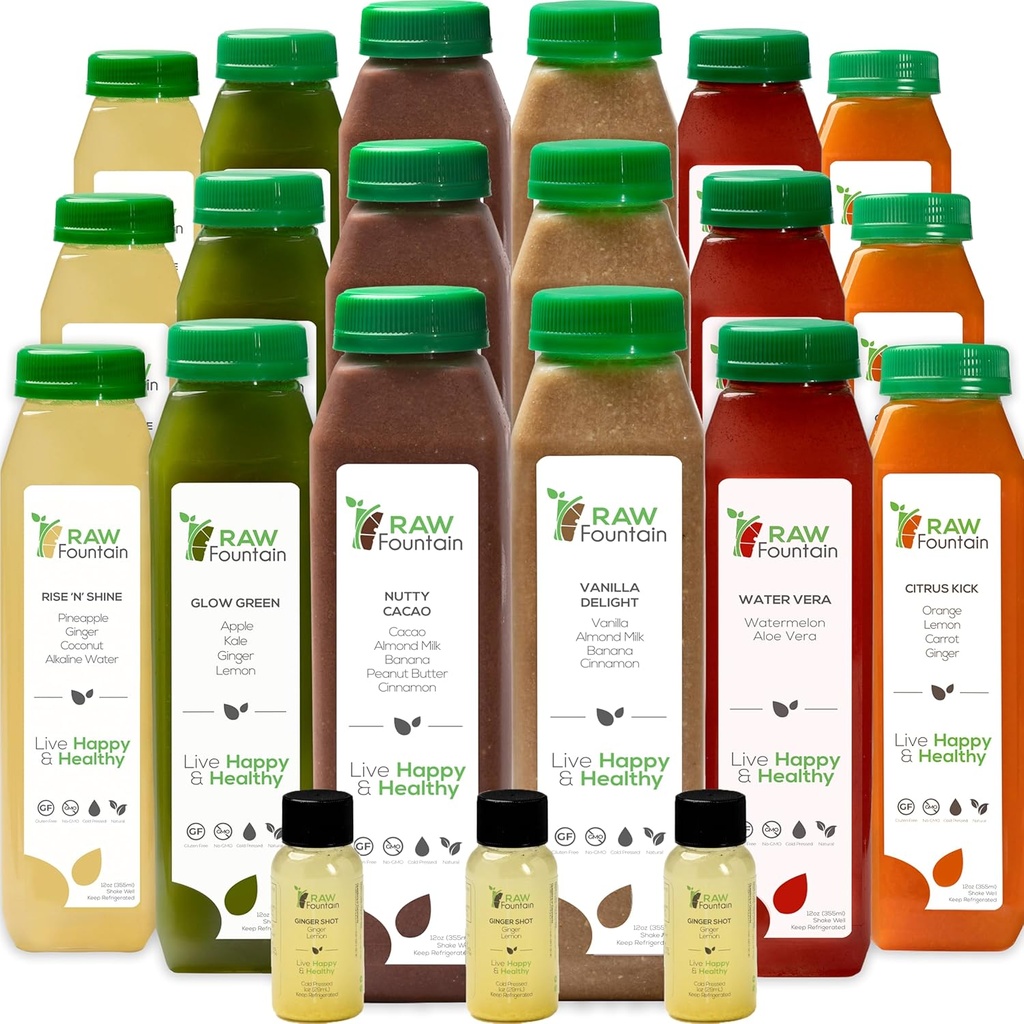 7 dag Protein Juice rense af rå springvand, Alle naturlige rå Detox rense, kolde presset frugter, grøntsager, vanille og chokolade flavor, Tasty og energizing, 42 flasker 12oz, 3 Ginger Shots