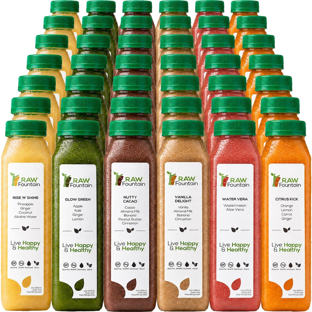 7 dag Protein Juice rense af rå springvand, Alle naturlige rå Detox rense, kolde presset frugter, grøntsager, vanille og chokolade flavor, Tasty og energizing, 42 flasker 12oz, 3 Ginger Shots