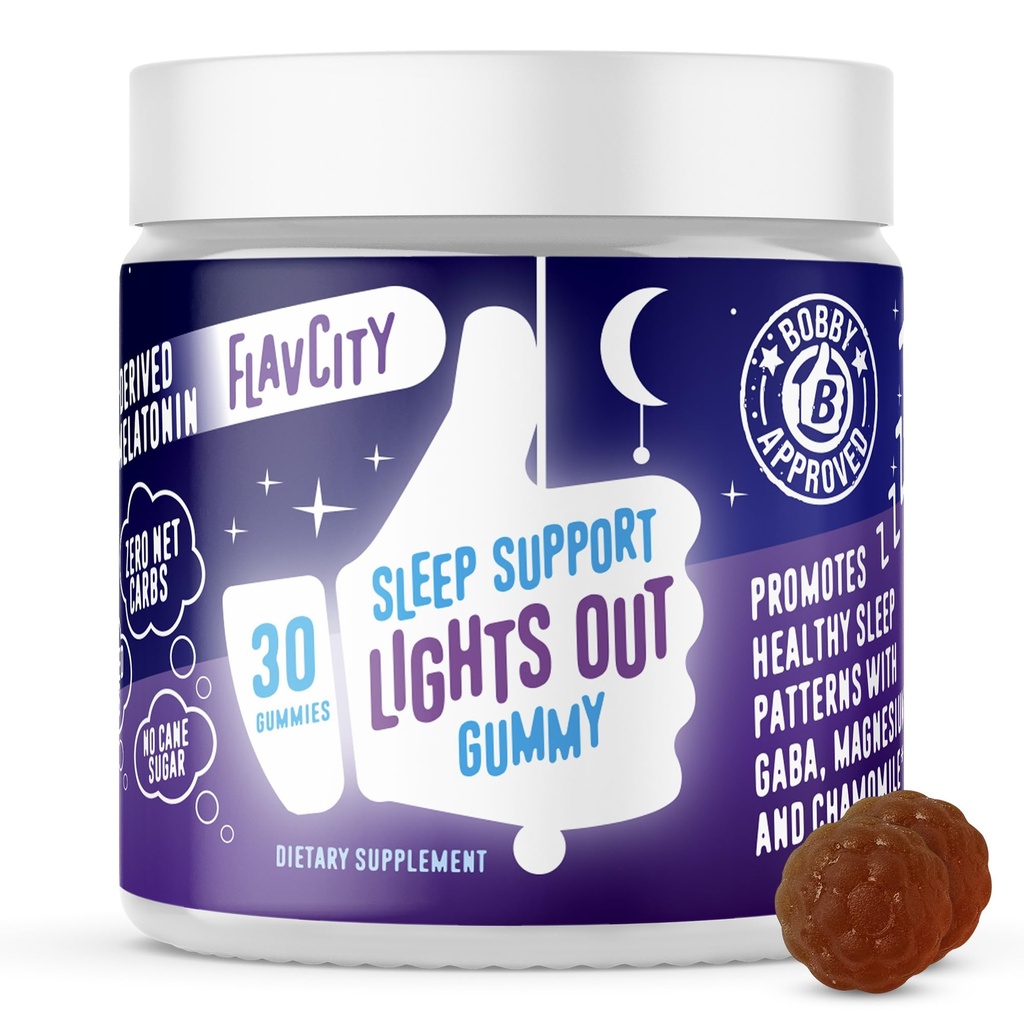 FlavCity Melatonin sovegummier for voksne, Lights Out Gummy - Chewable Sleep Support Supplement med Plant- baserede GABA, Magnesium & Kamille for Deep & Restful Bedtime, 30- Day Supply