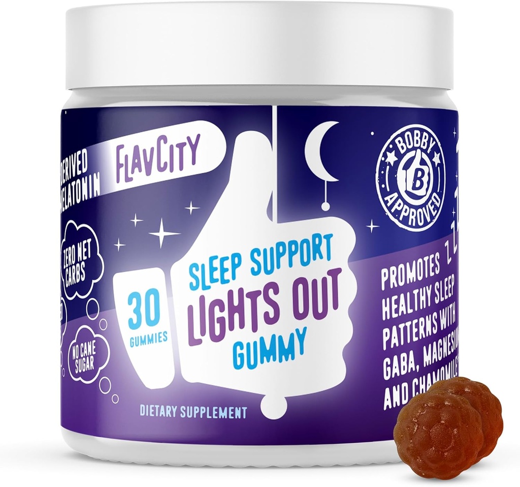 FlavCity Melatonin sovegummier for voksne, Lights Out Gummy - Chewable Sleep Support Supplement med Plant- baserede GABA, Magnesium & Kamille for Deep & Restful Bedtime, 30- Day Supply
