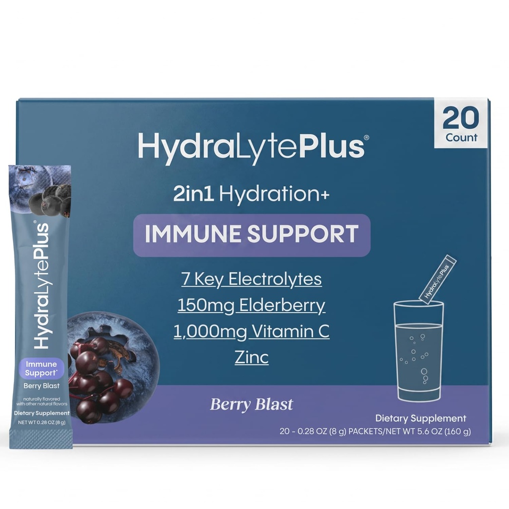 Hydralyte Electrolytes Plus Immunitet, Elderberry - Lavsukker Rapid Rehydration Powder - Let Sparkling Electrolyte Powder Pakninger med 1.000mg C-vitamin og 300 mg Elderberry (8oz Serve, 20 Greve)