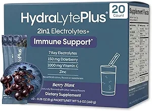 Hydralyte Electrolytes Plus Immunitet, Elderberry - Lavsukker Rapid Rehydration Powder - Let Sparkling Electrolyte Powder Pakninger med 1.000mg C-vitamin og 300 mg Elderberry (8oz Serve, 20 Greve)