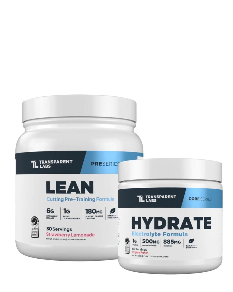 Transparent Labs Lean Pre-Workout (30 Servings, Strawberry Lemonade) & Hydrate Electrolytes Powder (40 Servings, Tropical Punch)