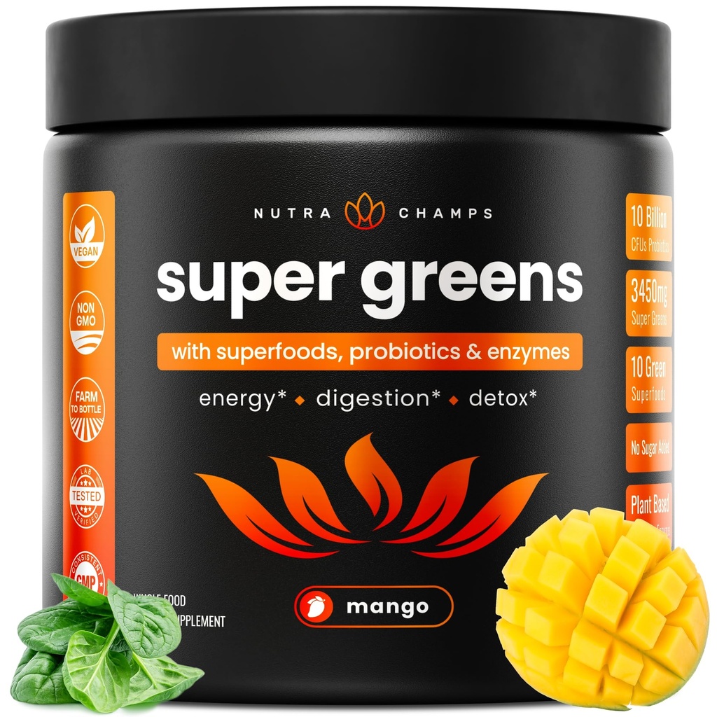 NutraChamps Super Green Powder Premium Superfood Mead124; 20 + Organic Green Veggie Whole Foods 124; Hvedegræs, Spirulina, Chlorella Mead124; Antioxidant, fordøjelsesmiddel Enzyme & Probiotiske blandinger (9.0 OZ, Mango)