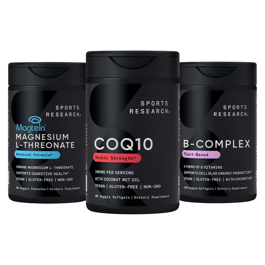 Sports Research® Energy Supplement Pack - CoQ10 Coenzyme Q10 Supplement, Magtein Magnesium L-Threonate and Vitamin B-Complex - Helps Increase Daily Energy Levels