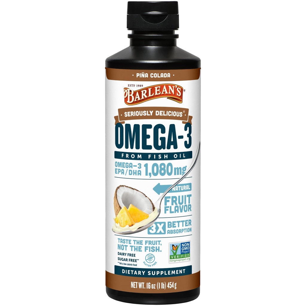Barlean 's Omega 3 Fish Oil Liquid Supplement for mænd og kvinder, Pina Colada, 1080mg EPA og DHA Fedtsyre, 16 oz