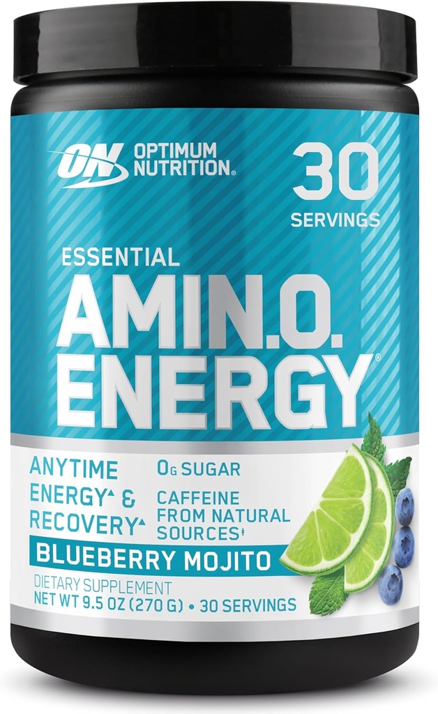 Optimum Nutrition Amino Energy - Pre Workout med grøn te, BCAA, Aminosyrer, Keto Friendly, Green Coffee Extract, Energy Powder - Blåbær Mojito, 30 Servering (Packaging May Vary)