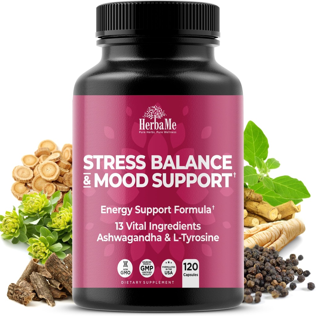 HerbaMe Stress & Mood Support Supplement with Ashwagandha & L-Tyrosine, Energy & Focus Formula, Helps Maintain Balanced Stress Response, 120 Capsules