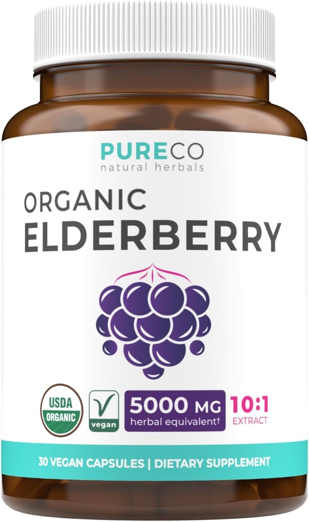 Økologiske hyldebærkapsler - 10: 1 Uddrag svarende til 5,000mg friske hyldebær (Vegan) til immunstøtte, Allergi, Sinus Relief - Sambucus Nigra - Black Elderberry - 30 Caps (Ingen piller eller Gummies)