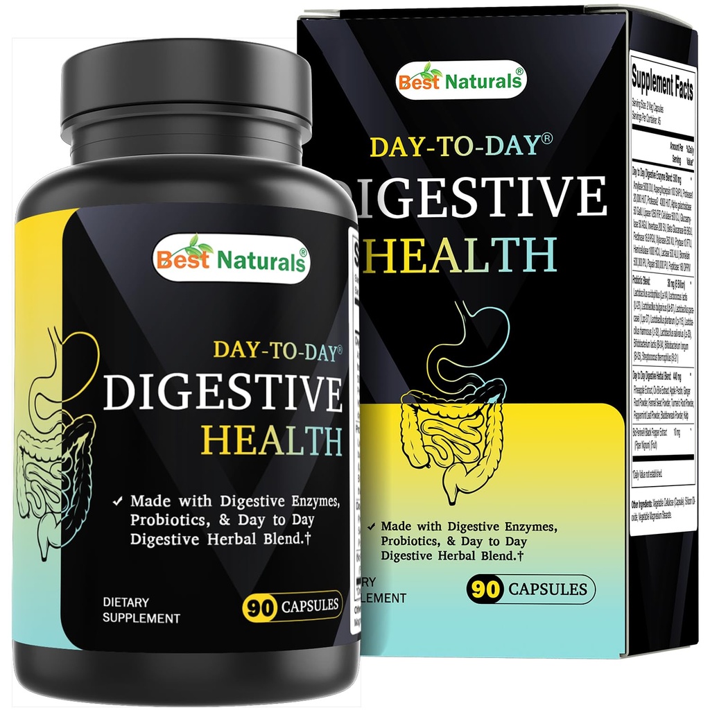 Best Naturals Day-to-Day Digestive Support 90 Veg Capsules - Made with Digestive Enzymes, Probiotics, & Herbal Blend - Made in the USA