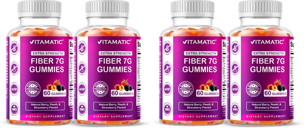 Vitamatic Prebiotic Fiber Gummies for Adults – 4 Pack (Total 120 Gummies) 7g Fiber per Serving | Extra Strength | Zero Sugar Added | Pectin-Based | Digestive Health & Regularity Support