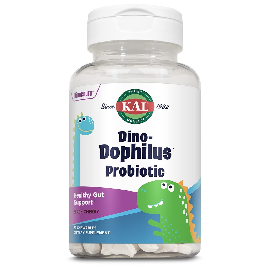 KAL DinoDophilus Probiotics for Kids - Chewable Kids Probiotic with 2 Billion CFU for Children's Gut Health and Digestion Support - Natural Black Cherry Flavor, 60 Chews