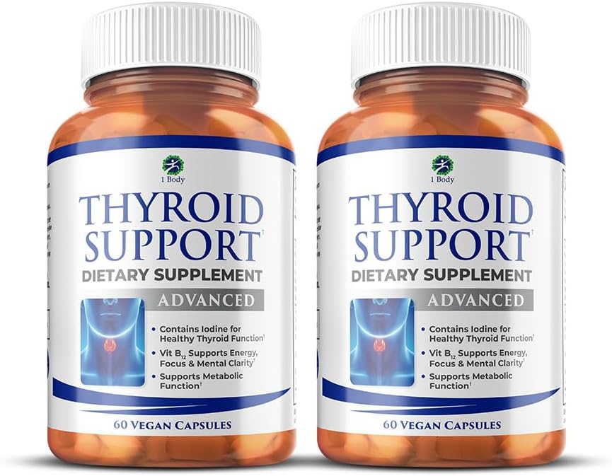 1 Body Thyroid Support, 90- Day Supply, 2 Pack med B12, Jod, Zink, Selen, Ashwagandha, Non- GMO Vegetar Formel