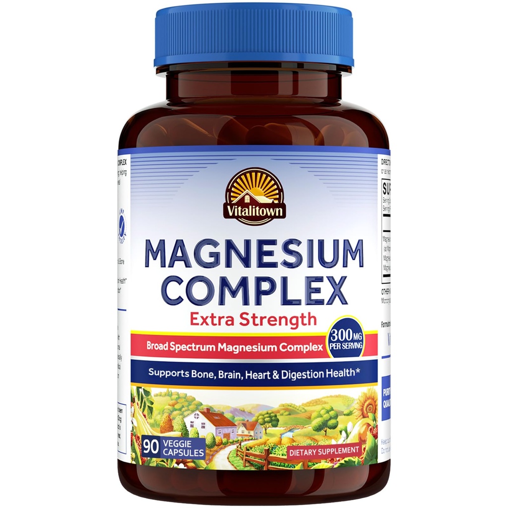 Vitalitown Magnesium Complex Supplement- 124; 300mg Elemental Mag - 124; Magnesium Citrat Glycinat Taurate Malat - 124; Non- GMO, No Gluten, 90 Vegan Magnesio kapsler til knoglenbrain Heart