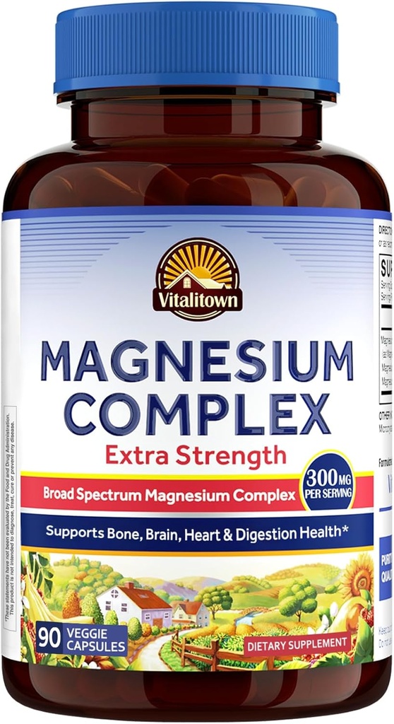Vitalitown Magnesium Complex Supplement- 124; 300mg Elemental Mag - 124; Magnesium Citrat Glycinat Taurate Malat - 124; Non- GMO, No Gluten, 90 Vegan Magnesio kapsler til knoglenbrain Heart