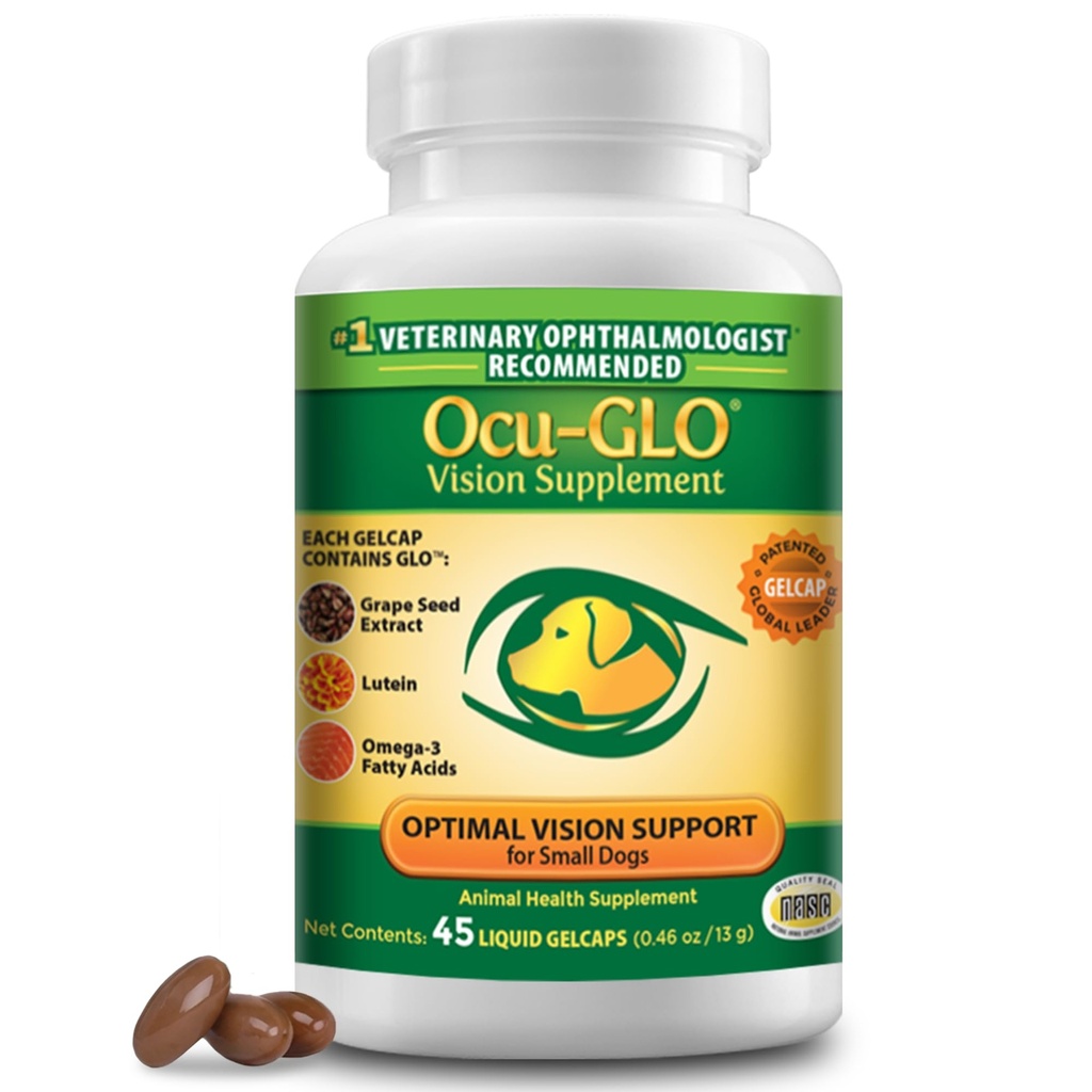 Ocu- GLO Vision Supplement for små hunde ved Animal Necessity med Lutein, Omega-3 Fedtsyrer, Grape Seed Extract og antioxidanter til at fremme Eye sundhed hos hunde, 45ct flydende Gelcaps