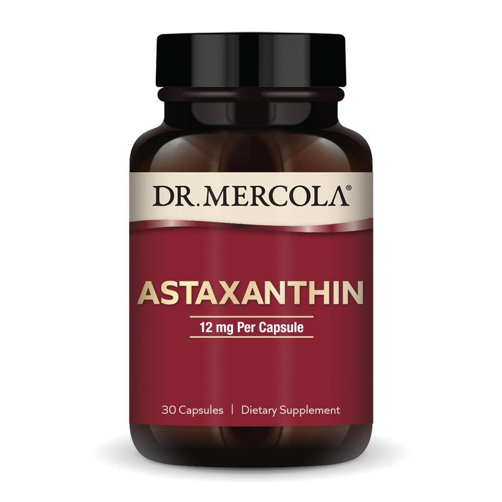 Dr. Mercola Organic Astaxanthin - 12 mg Astaxanthin - Kraftfuld Antioxidant Support - Organic Microalger Extract - Non- GMO, Gluten- Free & Soy- Free - 30 kapsler (30 Servere)