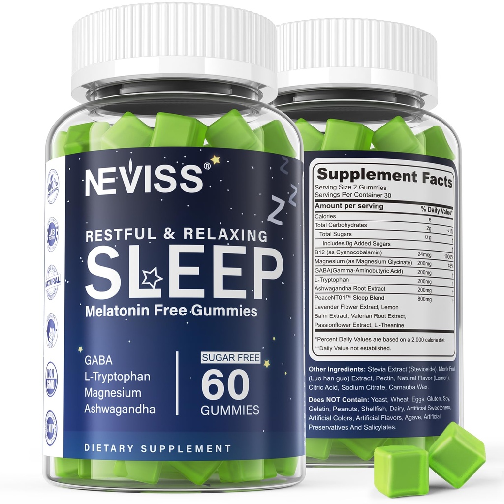 NEVISS Melatonin Free Sleep Aid Gummier for voksne - Magnesium Glycinate Gummies - 124; GABA, L- Tryptophan, Magnesium, Ashwagandha - Ikke-Habit Forming, Hjælp til dyb afspænding - Vegan, Lemon Flavor, 1Pack