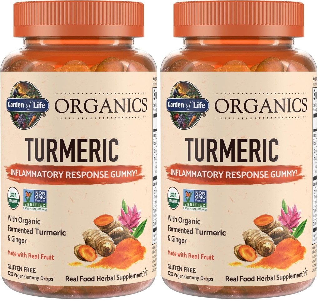 Garden of Life Organics Turmeric Inflammatory Response Gummy - 120 Real Fruit Gummies for Kids & Adults, 50Mg Curcumin (95% Curcuminoids), No Added Sugar, Organic, Non-GMO, (Pack of 2)