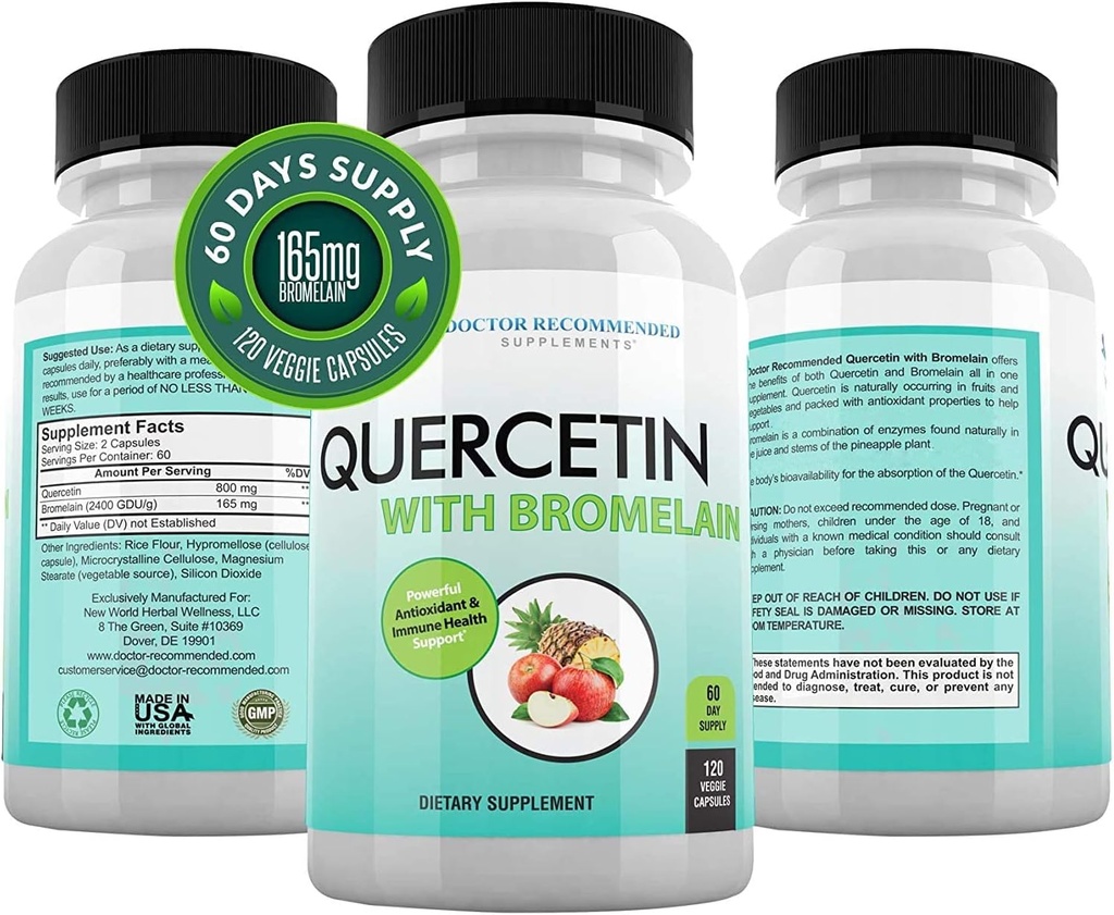 DOCTOR ANBEFALEDE TILLÆG Quercetin 800mg w / Bromelain 165mg Per Servering - 120 Veggie Capsules- Full 60 Day Supply, Vitamin supplement til Support & Bioflavonoider, Gluten Free, Non- GMO