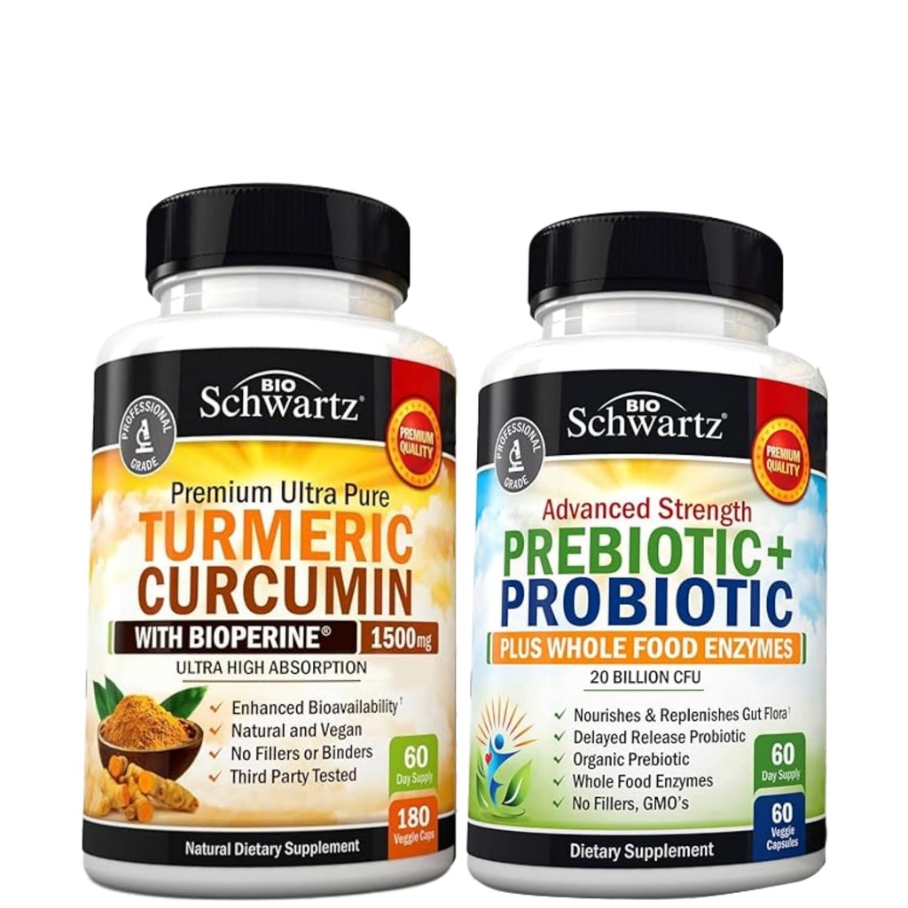 Turmeric Curcumin with Black Pepper Extract 1500mg Complex (2 Month Supply) Plus Advanced Strength Pre and Probiotics Supplement with Digestive Enzymes (2 Month Supply)