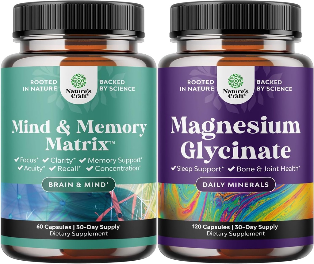 Bundle af Advanced Brain Supplement for hukommelse og fokus og Magnesium Glycinate kapsler til voksne - Memory Supplement for Brain Fog Clarity Energy and Recall - Sleep Support Immunity & Bone Health