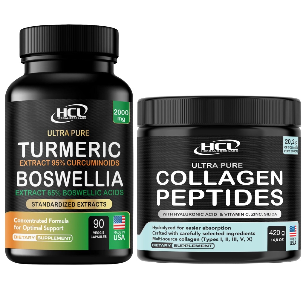 Turmeric Boswellia Extract Supplement 2000 mg + Collagen Peptides Powder with Vitamin C & Hyaluronic Acid - from Organic Cleanest Sources & Super High Absorption - Hydrolyzed Multi Type I, II, III, V,