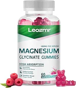Magnesium Glycinate Gummies 1000mg - Sugar Free Magnesium Kalium tillæg med D-vitamin, B6, CoQ10 for rolig mood & dvalestøtte - 60Raspberry Gummies