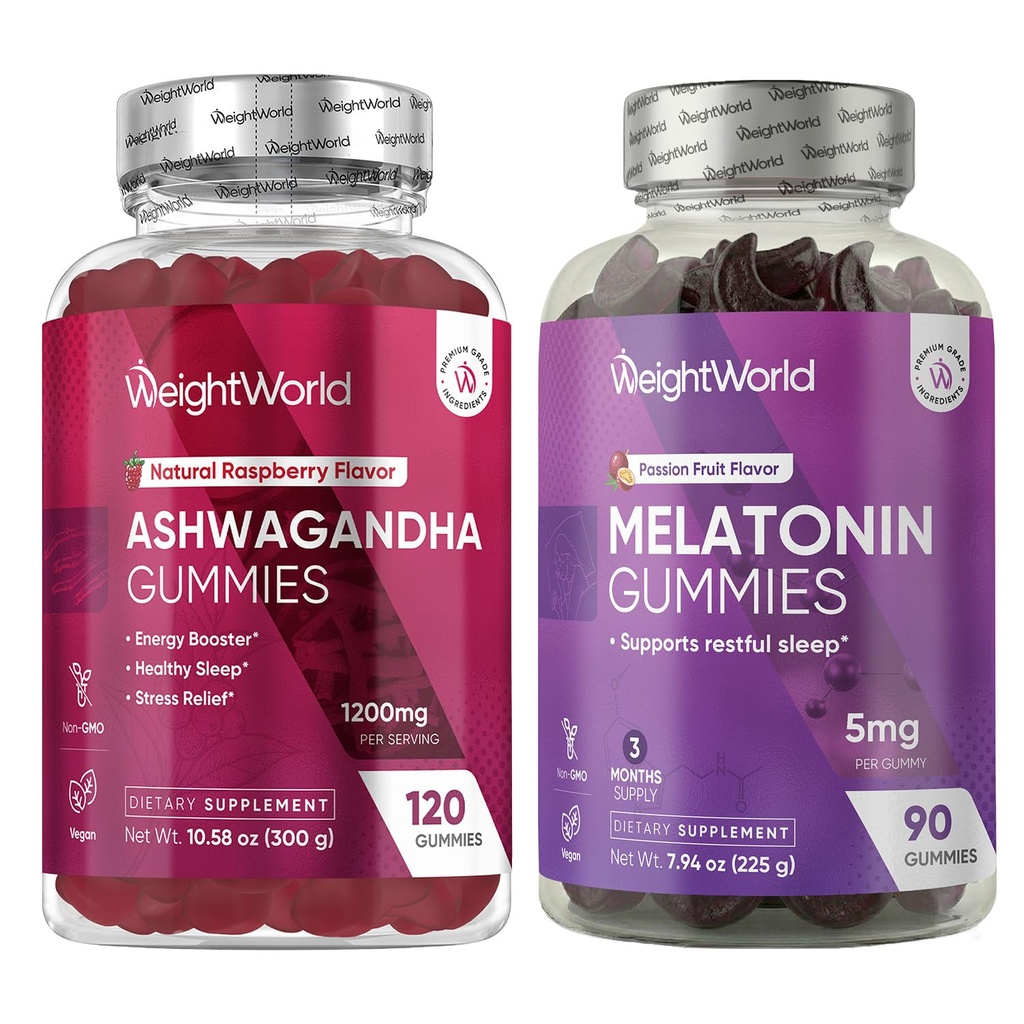 WeightWorld Ashwagandha Gummies + Melatonin Gummies | Healthy Restful Sleep, Daily Mood, Recovery & Relaxation Blend | A Perfect Combo for Busy & Stressful Lifestyles | Non-Habit Forming