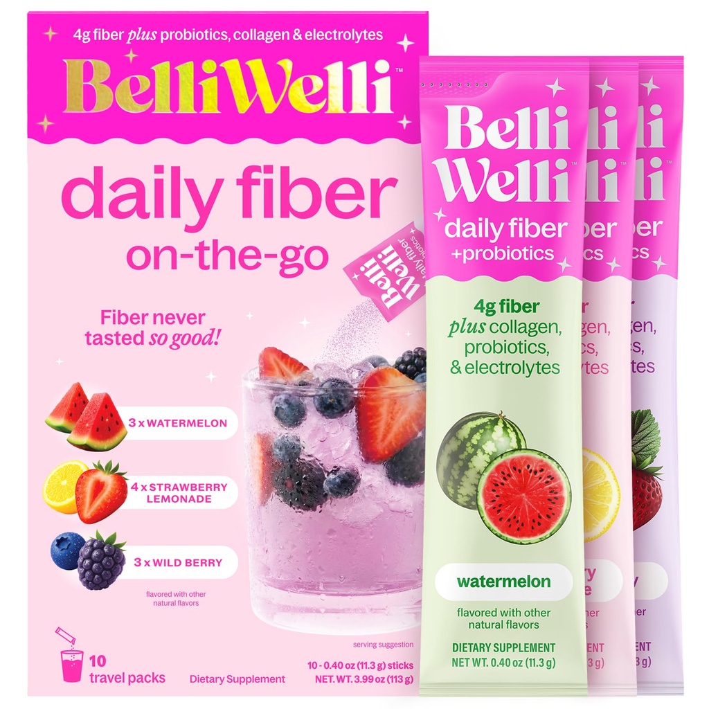 Belli Welli Daily Fiber Supplement Packets with Collagen, Probiotics & Electrolytes | Single Serve Packets for Gut Health, Digestion & Debloating | Variety | 10 Count