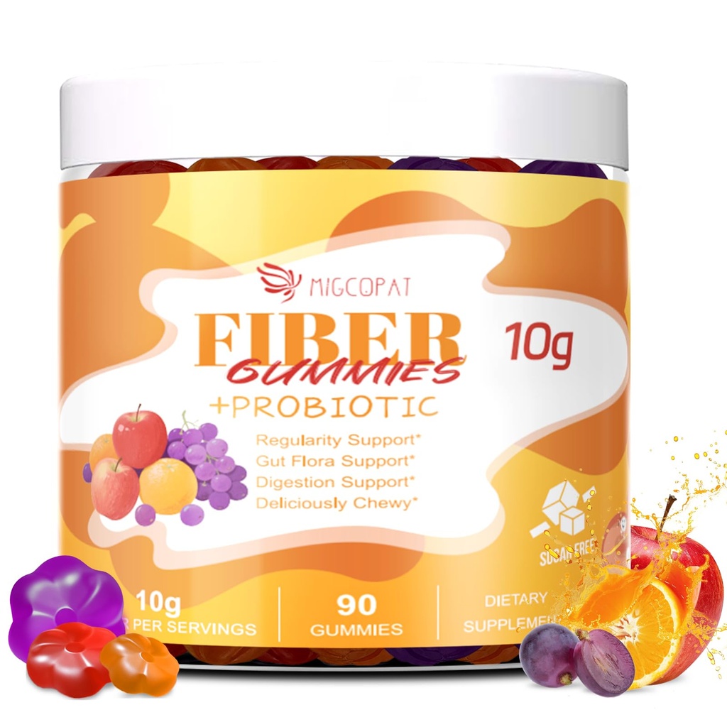 Migcopat 10G Fiber Gummies with Probiotics, Fiber Supplement with 30 Billion CFU Probiotics Blend, ACV, Vitamin C, Inulin - Support Digestive Health - No Sugar Added - Fruit Flavored - 90 Count