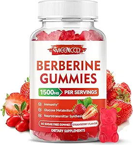 2 Pack Berberine Gummies med Ceylon Cinnamon 1500mg høj potens Berberine HCL supplement til immunforsvar, Sukker fri, Vegan, Strawberry Flavor, 120 Greve