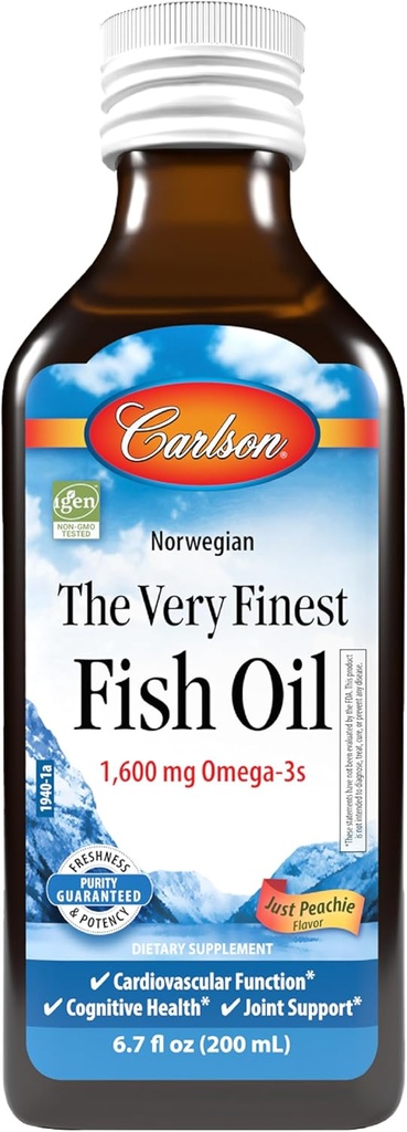Carlson - Den meget fineste fiskeolie, 1600 mg Omega- 3s, flydende fiskeolie supplement, Norwegian Fish Oil, Wild- Fanget, Sustainable Sourced Fish Oil Liquid, Just Peachie, 200 ml (6.7 Fl Oz)
