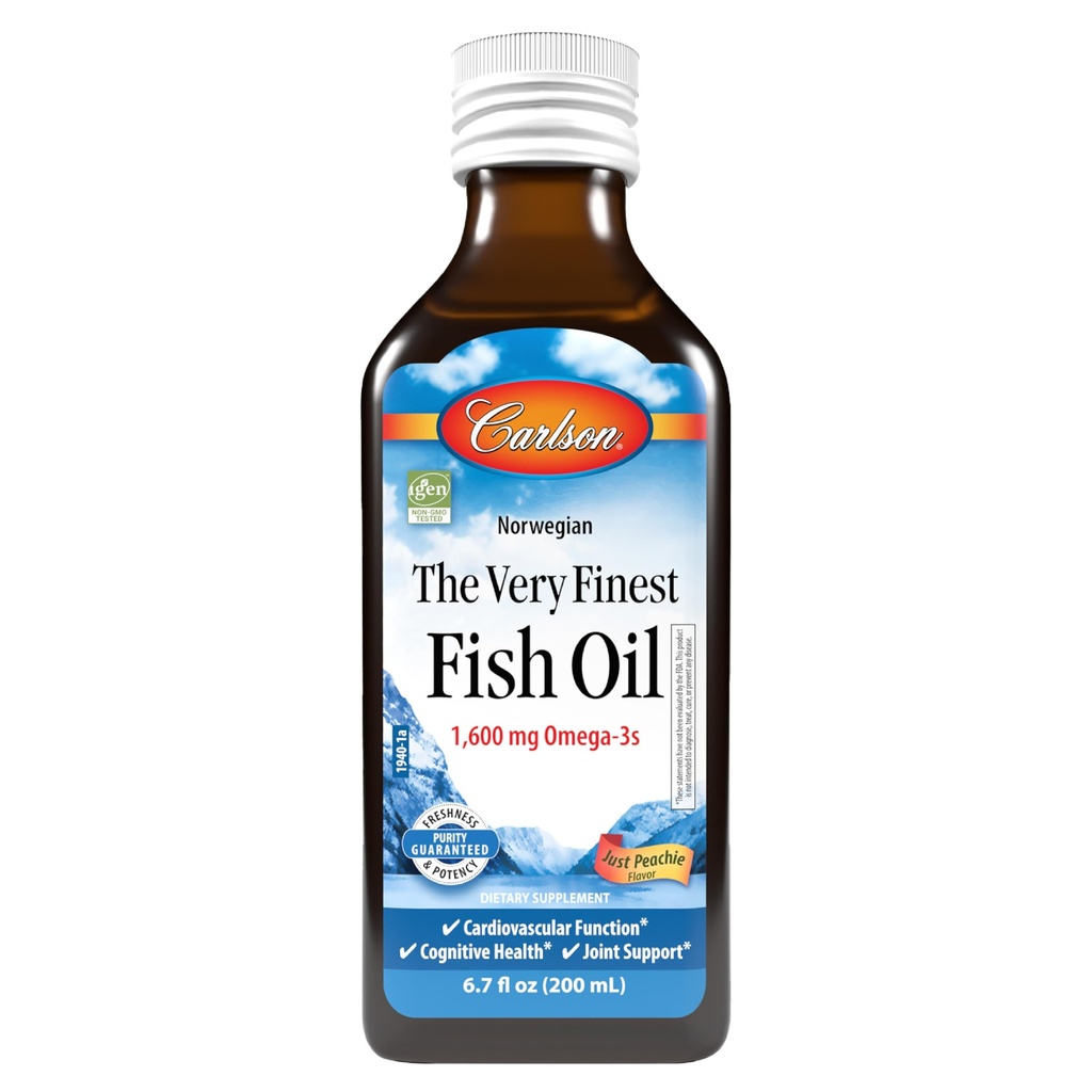 Carlson - Den meget fineste fiskeolie, 1600 mg Omega- 3s, flydende fiskeolie supplement, Norwegian Fish Oil, Wild- Fanget, Sustainable Sourced Fish Oil Liquid, Just Peachie, 200 ml (6.7 Fl Oz)
