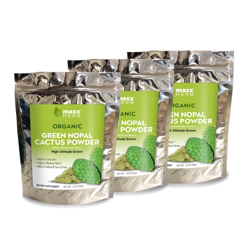 Maxx Herb Organic Nopal Cactus Powder, for Healthy Digestion & Immune Support, High in Dietary Fiber & Calcium, Vegan, Non-GMO and Gluten Free - 3 Bags, 12 Oz Each - Save 15%