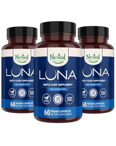 Nested Naturals Luna Melatonin Free, Non- Habit Forming Urtebad Supplement w / Kamille, Valerian, L- Theanine, 180 Vegan Kapsler (60 kapsler Per flaske)