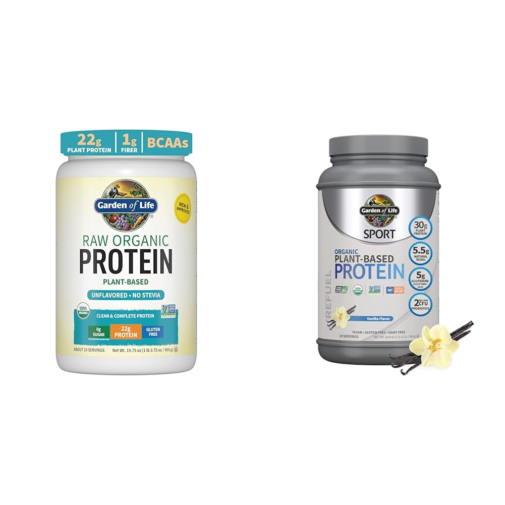 Garden of Life Organic Vegan Unflavored Protein Powder 22g Complete Plant Based Raw Protein & Organic Vegan Sport Protein Powder, Vanilla - Probiotics, BCAAs, 30g Plant Protein