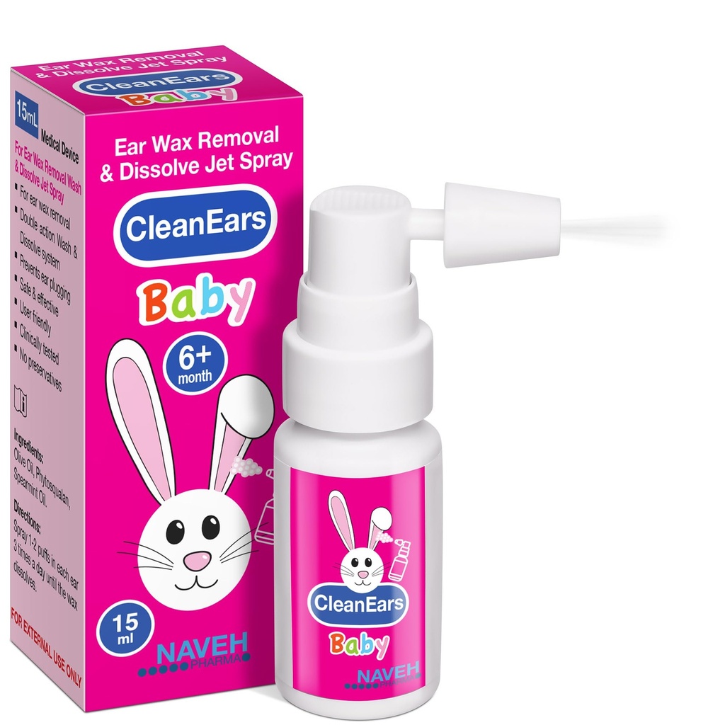 NAVEH PHARMA ® CleanEars Baby Mea124; Fastvirkende Ear Wax Removal Spray 124; Breaks Down & Dissolves Earwax i bare 1 behandling 124; Klinisk bevist at være 300% mere effektiv; Mineral Oil, Gentle & Safe Measures 124; 0.5 OZ