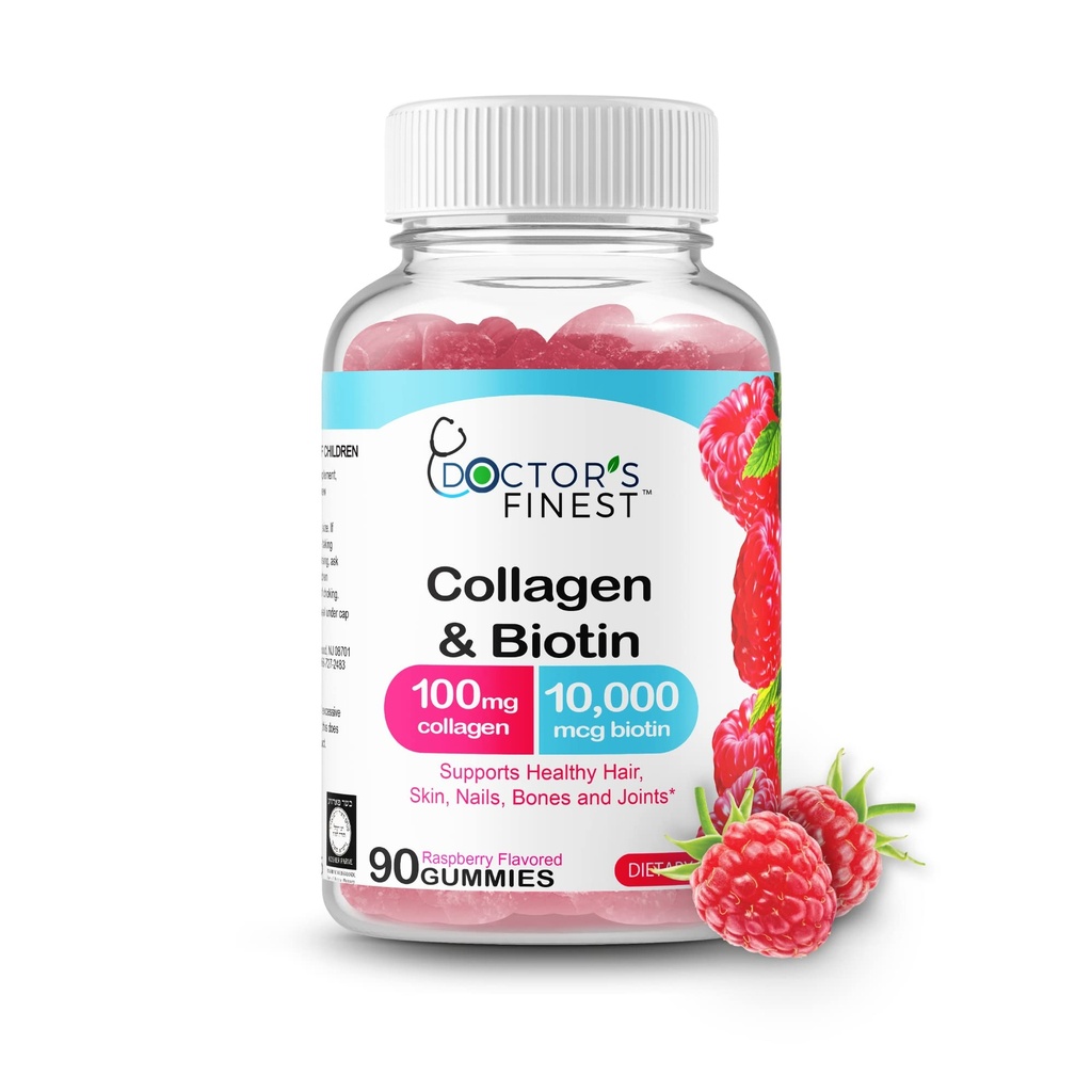 Collagen and Biotin 10000mcg Gummies, Vegan, GMO-Free, Gluten Free, Natural Raspberry Flavor Gummy Vitamins, for Hair Growth, Hair Skin and Nails Dietary Supplement, 90 Gummies