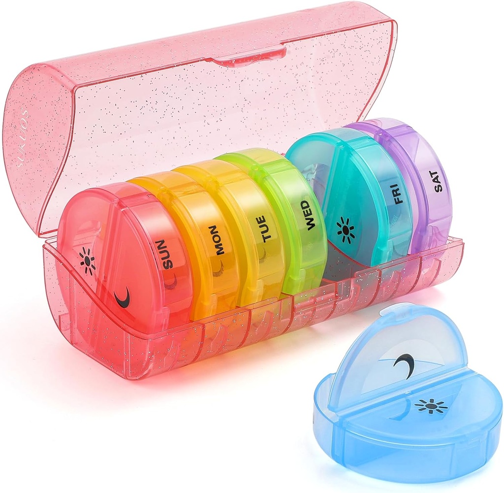 Sukuos Stor Ugentlig Pill Organizer 2 gange om dagen, Daily Pill Box 7 dag let at åbne med dobbelt beskyttelse, AM PM Pill sag for medicin / Vitamin / Fish Oil / Kosttilskud (Glitter Pink)