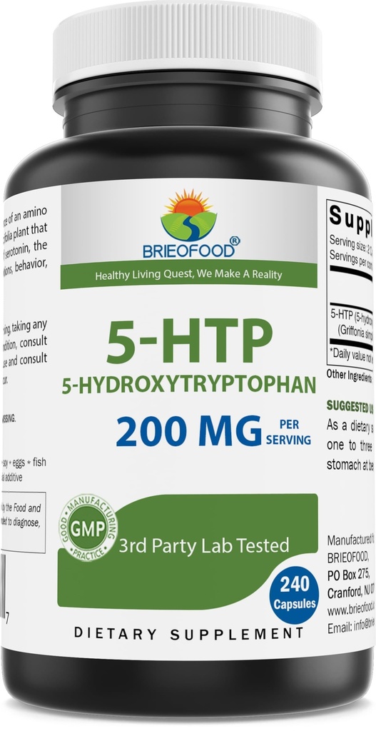 Brieofood 5- HTP 200mg per servering - 240 kapsler - 5- Hydroxytryptophan for sund afvænning - 3. part Lab Testet