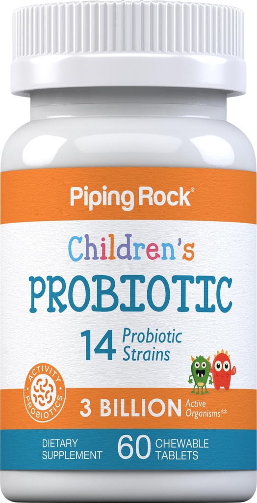 Piping Rock Children's Probiotic Chewable Tablets 14 Strains | 3 Billion CFU | 60 Count | Supplement Blend for Kids | Berry Flavor | Vegetarian, Non-GMO, Gluten Free