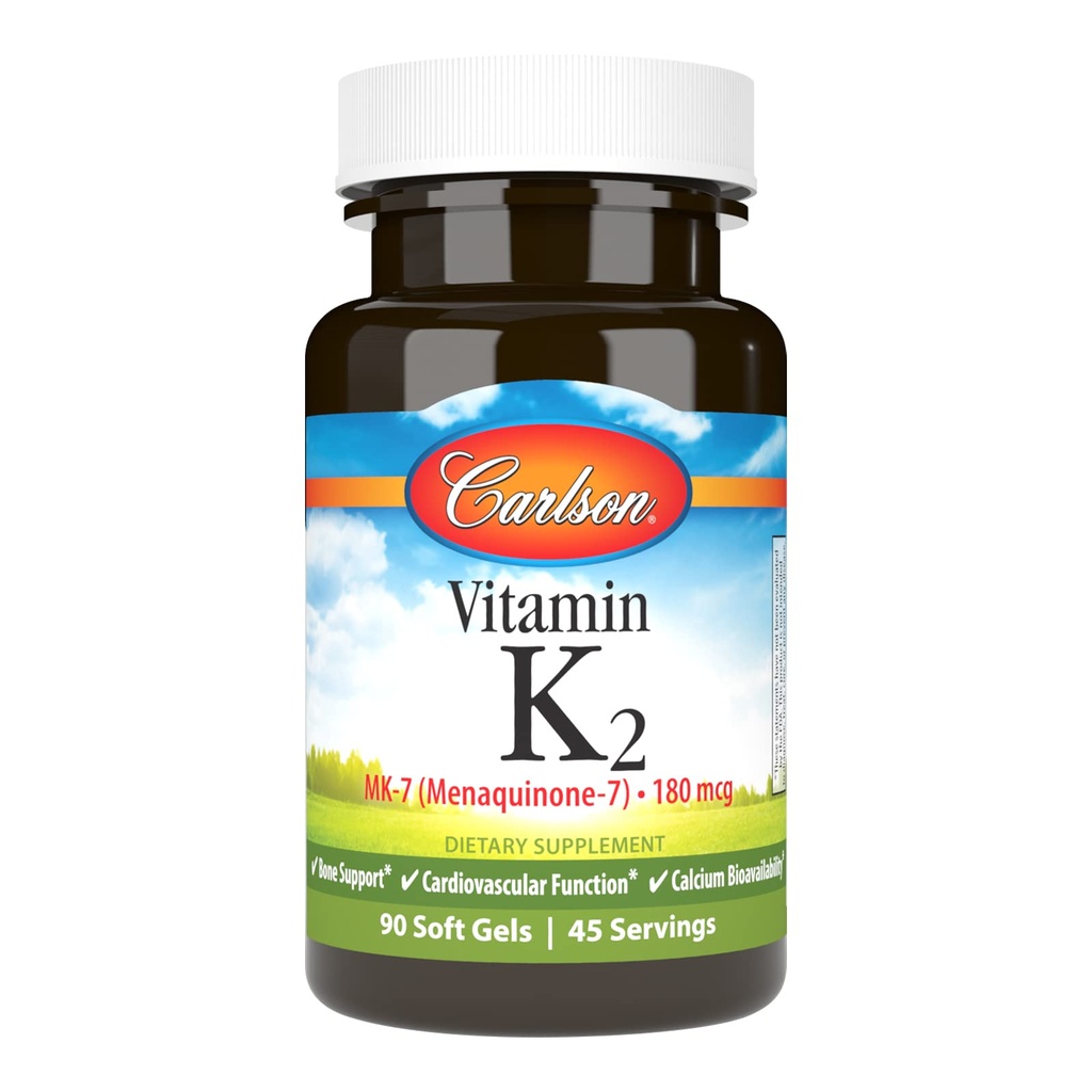 Carlson - Vitamin K2 MK- 7 (Menaquinon), 180 mcg, Bone Support, Calcium Biotilgængelighed, K2 Vitamin, Vitamin K-2, 90 Softgels