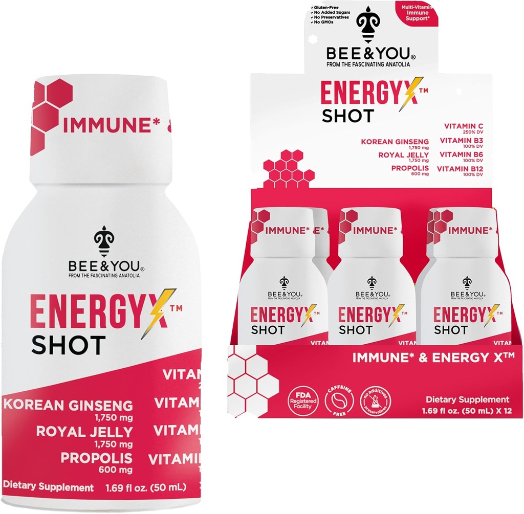 Bee og du Energy X Shot, 12 Pack, Koreansk Rød Ginseng, Royal Jelly, Propolis, Koffein fri energidrik, C-vitamin, B3, B6, B12, immunforsvar Support, Antioxidanter, Pomegranat Flavor